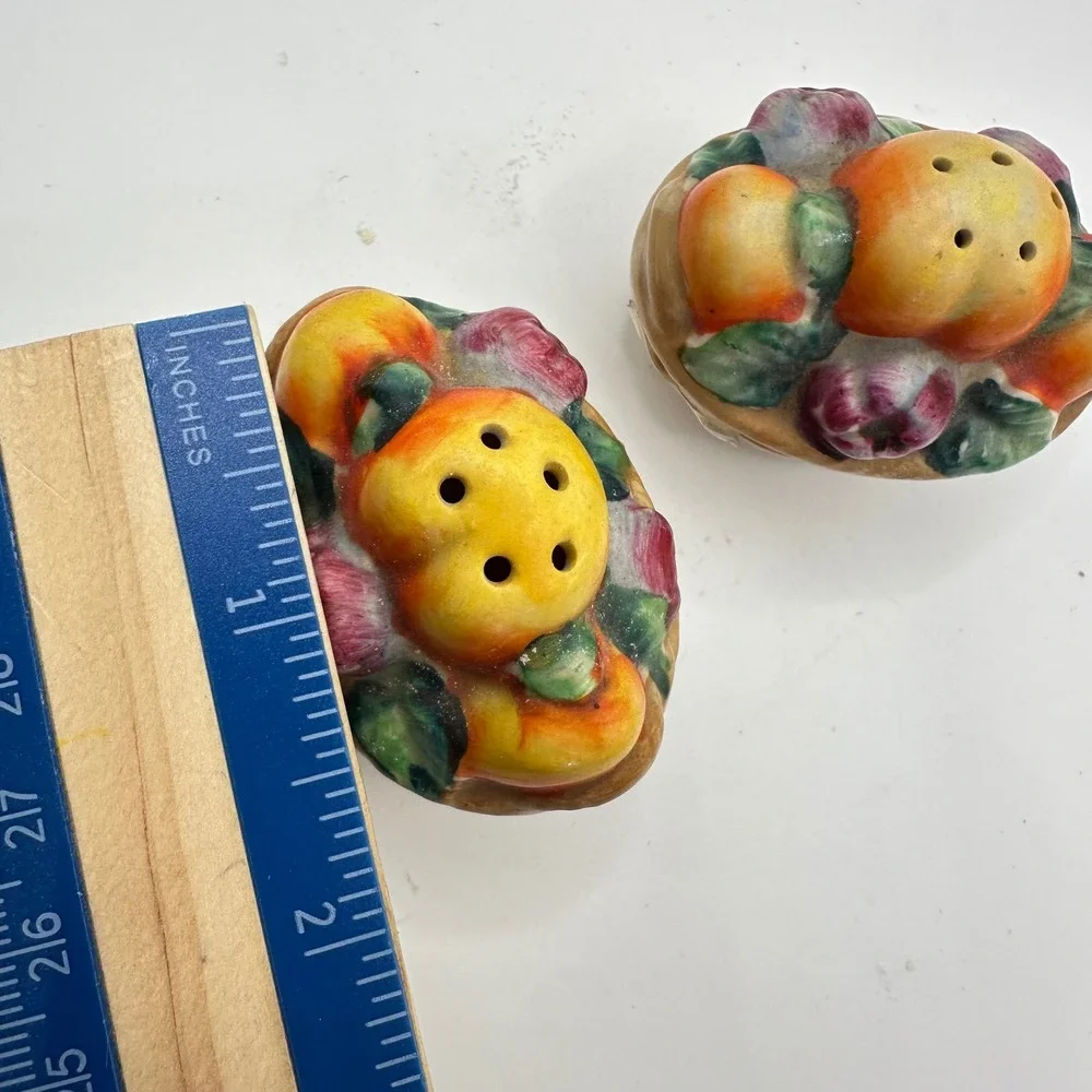 Vintage Japan Ceramic Fruit Basket Salt and Pepper Shakers Set Hand Painted